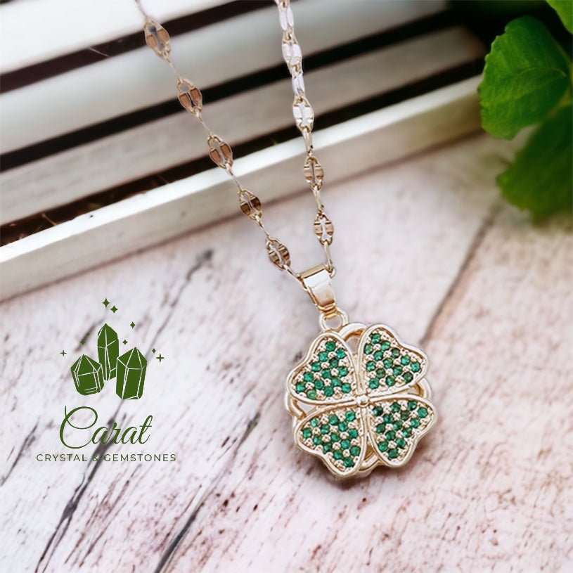 Spinnable Green Clover Gold Necklace